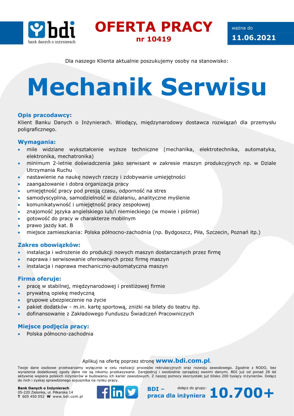 Oferta pracy 10419 Mechanik Serwisu Biuro Karier UJW